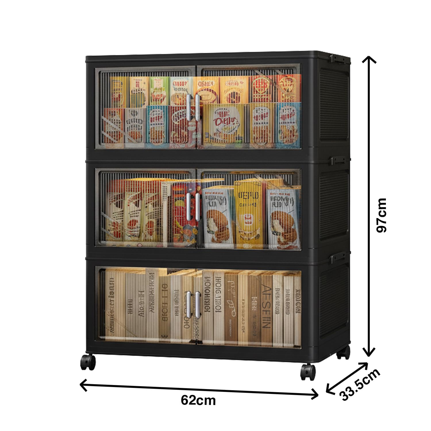 Foldable Storage Box with Wheels & Transparent Windows (Black, 62cm)