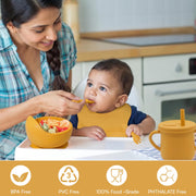 9 Pcs Silicone Baby Feeding Set | Dinosaur Divided Plate, Bowl, Spoons, Forks & Bib