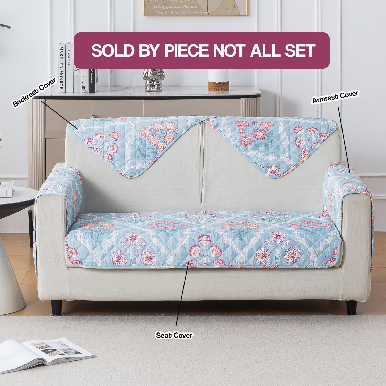 Printed Quilted Sofa Cover for 1/2/3/4 Seater Anti-Slip- Gulshan Sky