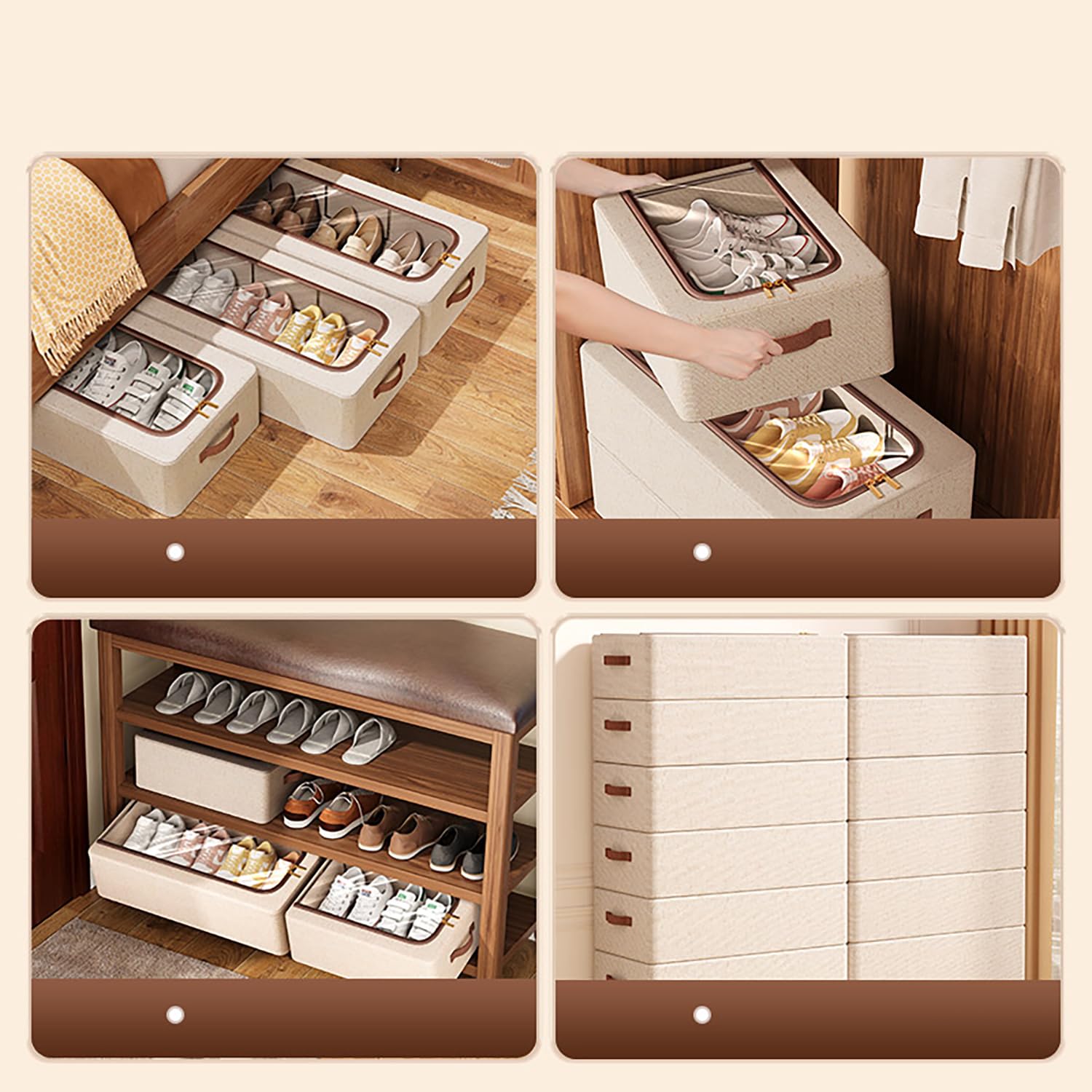 Cotton Linen Foldable Under Bed Storage Box with Transparent Lid-Beige