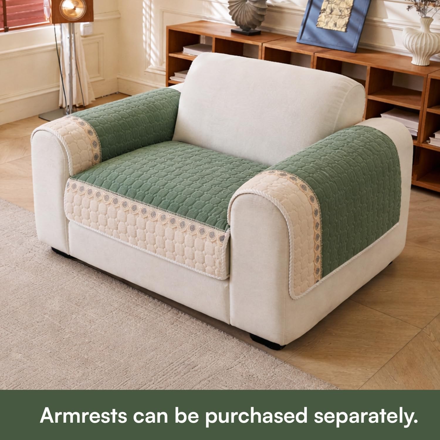 Waffle Quilt Corduroy Chenille Sofa Cover – Quilted, Non-Slip, Washable & Durable Protector (Green)