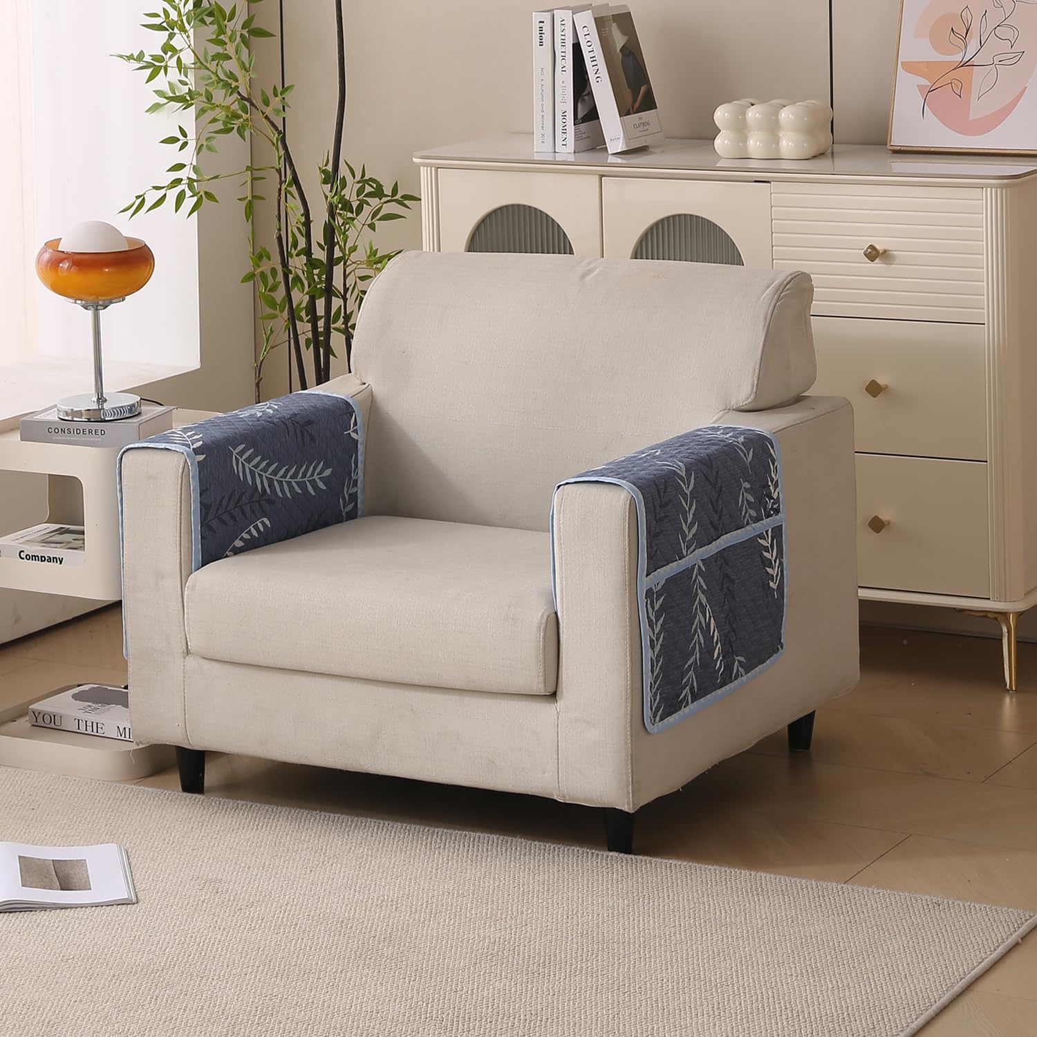 Reversible Printed Quilted Sofa Cover Mats for 1/2/3/4 Seater Sofa Cover- Blue Fern