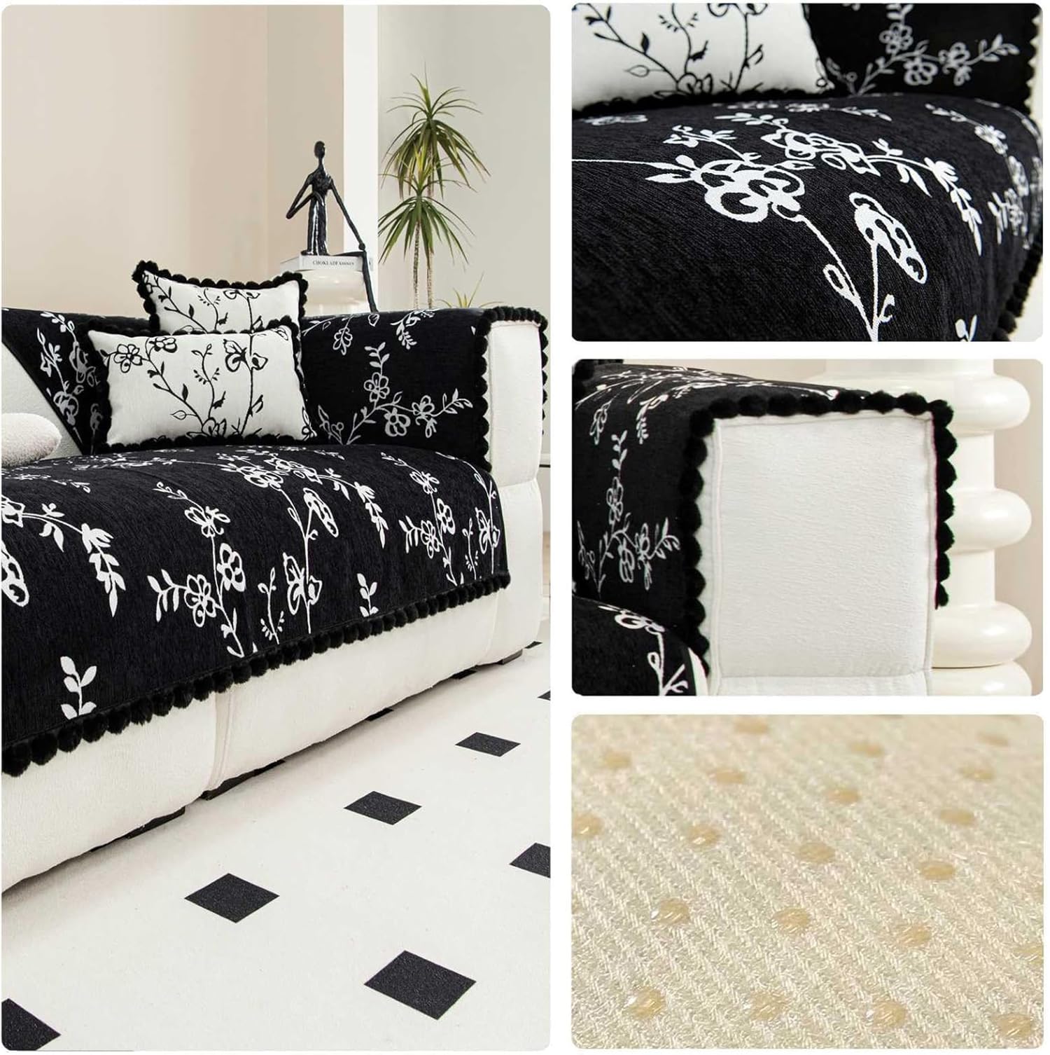 Modern Style Sofa Cover with Fur Ball Chenille (Black Floral)