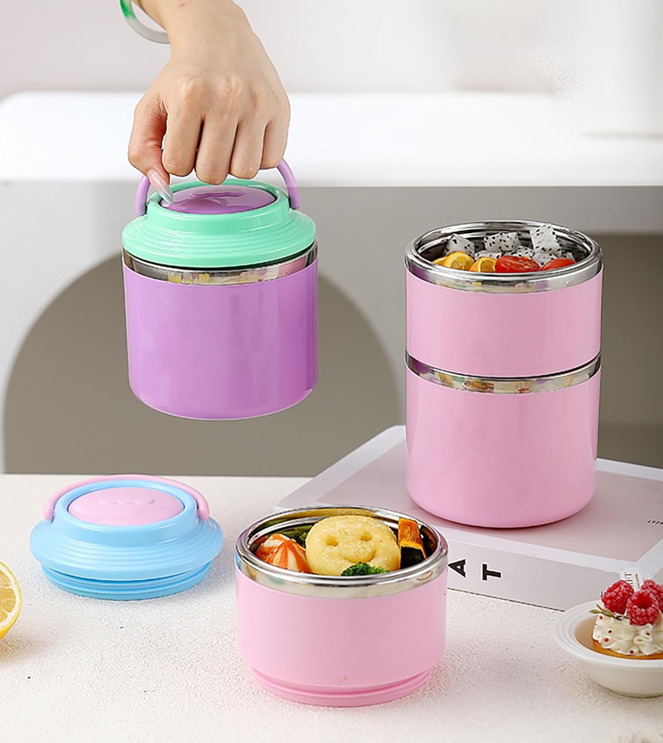 2 Layer 304 Stainless Steel Round Lunch Box for Office