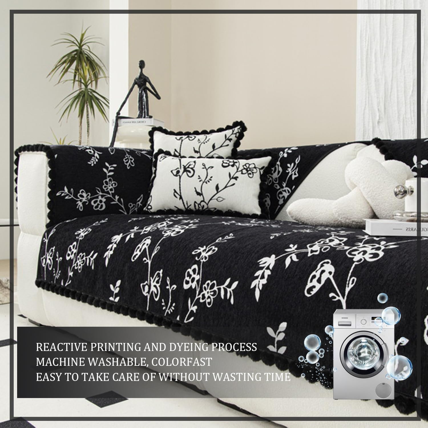 Modern Style Sofa Cover with Fur Ball Chenille (Black Floral)