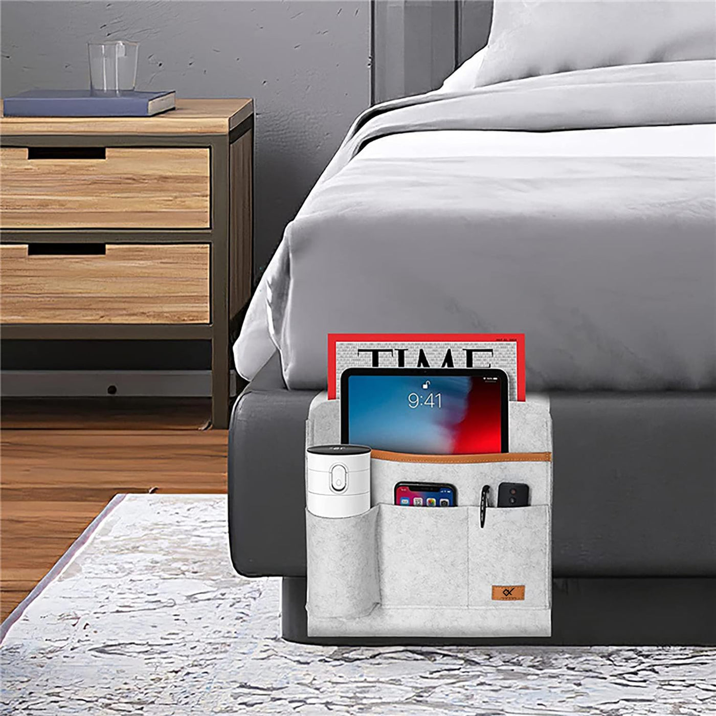 Bedside Caddy, 5 Pockets Remote Control Holder Bed Sofa storage organizer Side Pocket Large (Beige)
