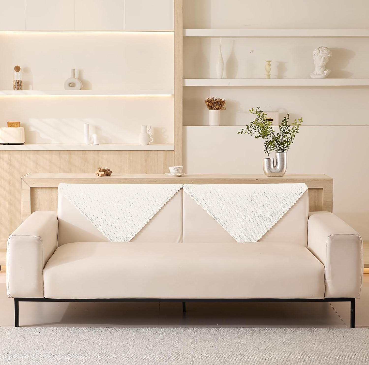 Sofa Cover Mat Honeycomb Pattern Velvet Fabric Seater Sofa (Cream)