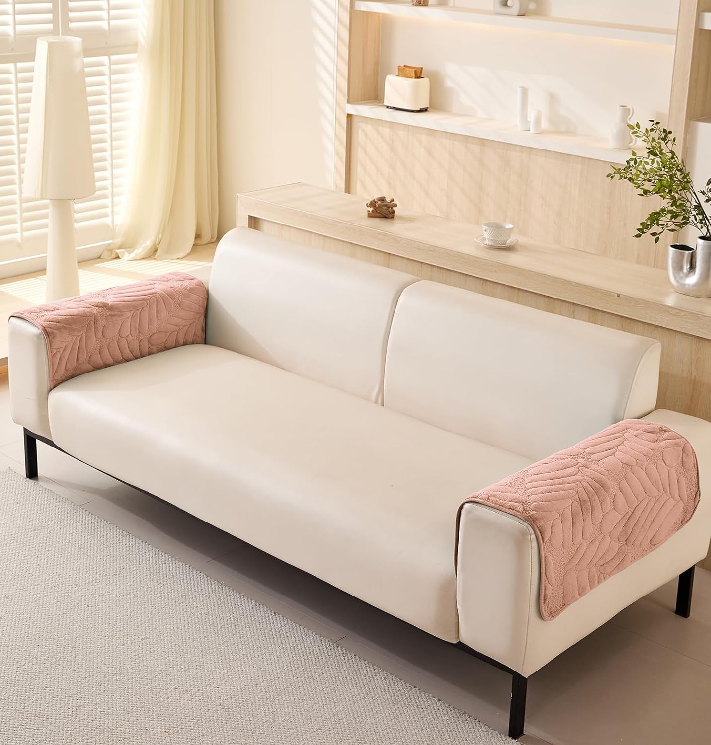 Sofa Cover Mat Leaf Coral Fleece Chenille Fabric Seater Sofa (Peach)