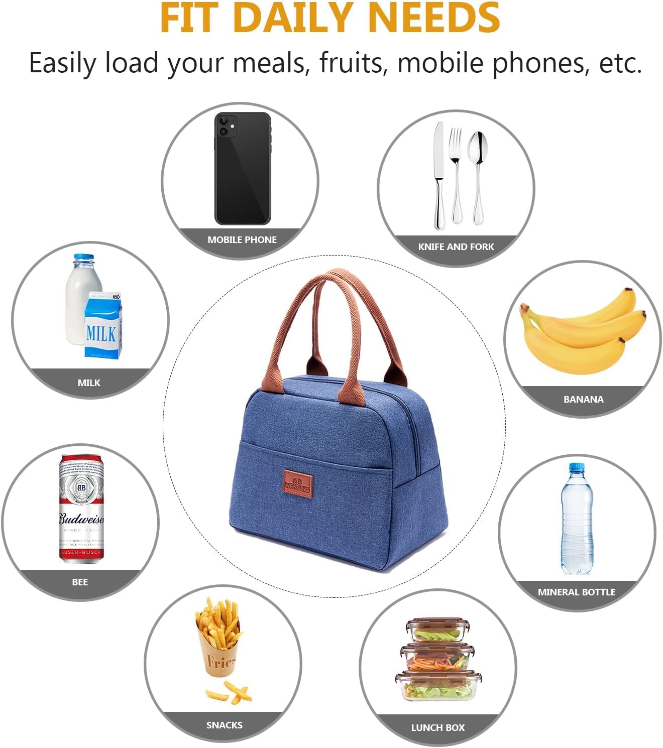 Insulated Reusable Lunch Bag Tote Bag for Women -  (Denim Blue)