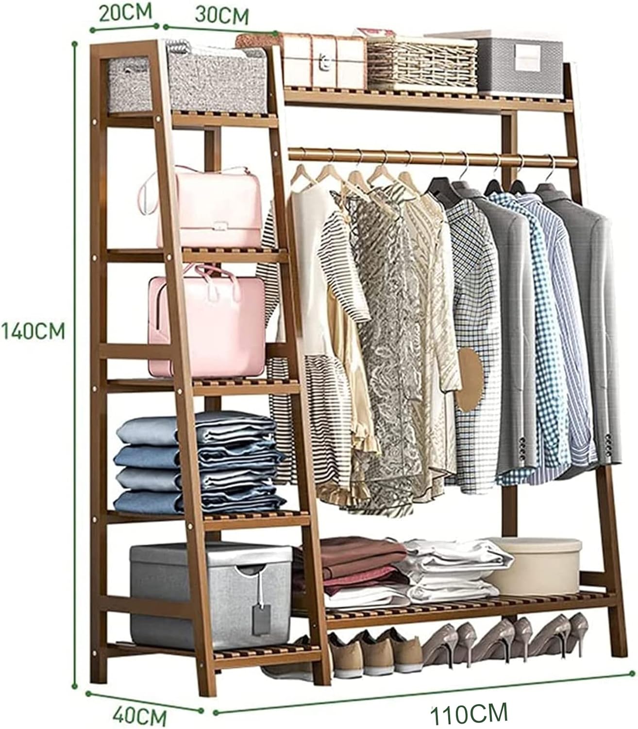Bamboo Wood Garment Clothing Rack with 5 Tiers Storage Shelf- Tan