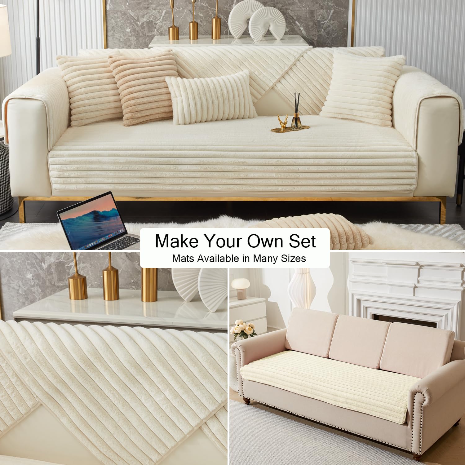 3D Striped Rabbit Plush Soft Sofa Mat Anti-Slip Fuzzy Plush- Cream