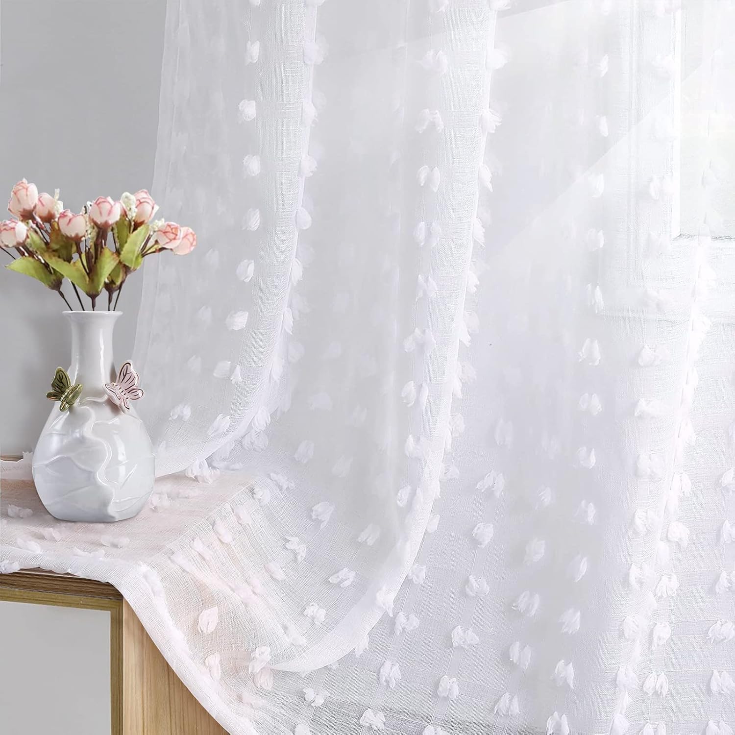 Pom Pom Grommet Sheer Curtains 8 Feet 2 Panels 96 Inch (Pack of 2)