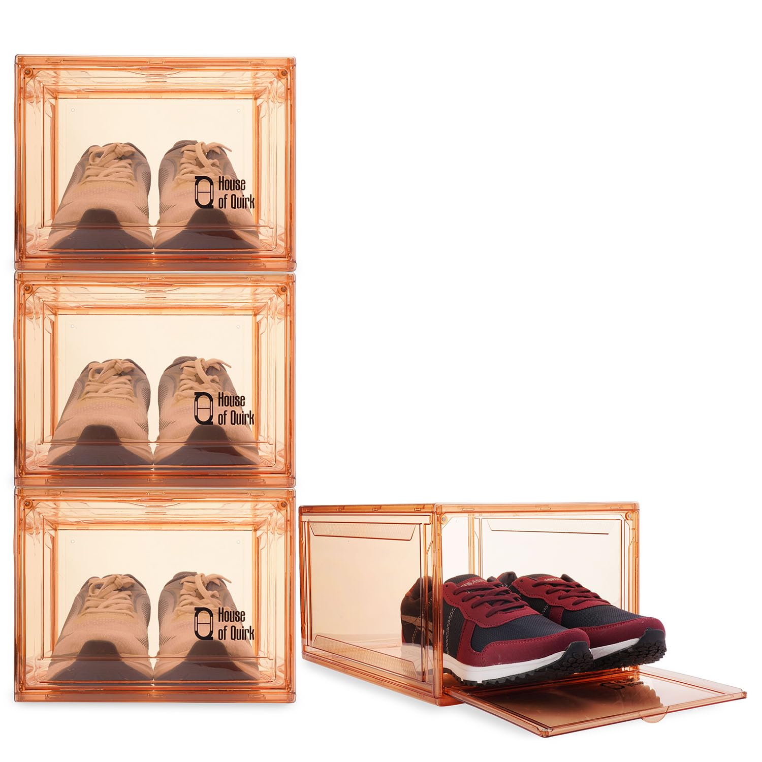 Shoe Organizer Large Shoe Boxes with Magnetic Door, Clear Stackable Plastic (Beige)