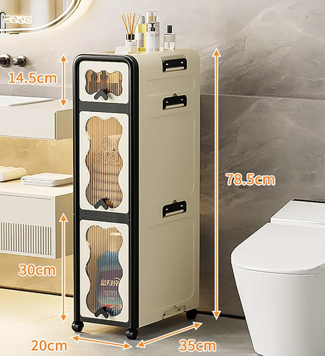 3-Layer Slim Rolling Storage Cabinet – Plastic Organizer (Cream/Black)