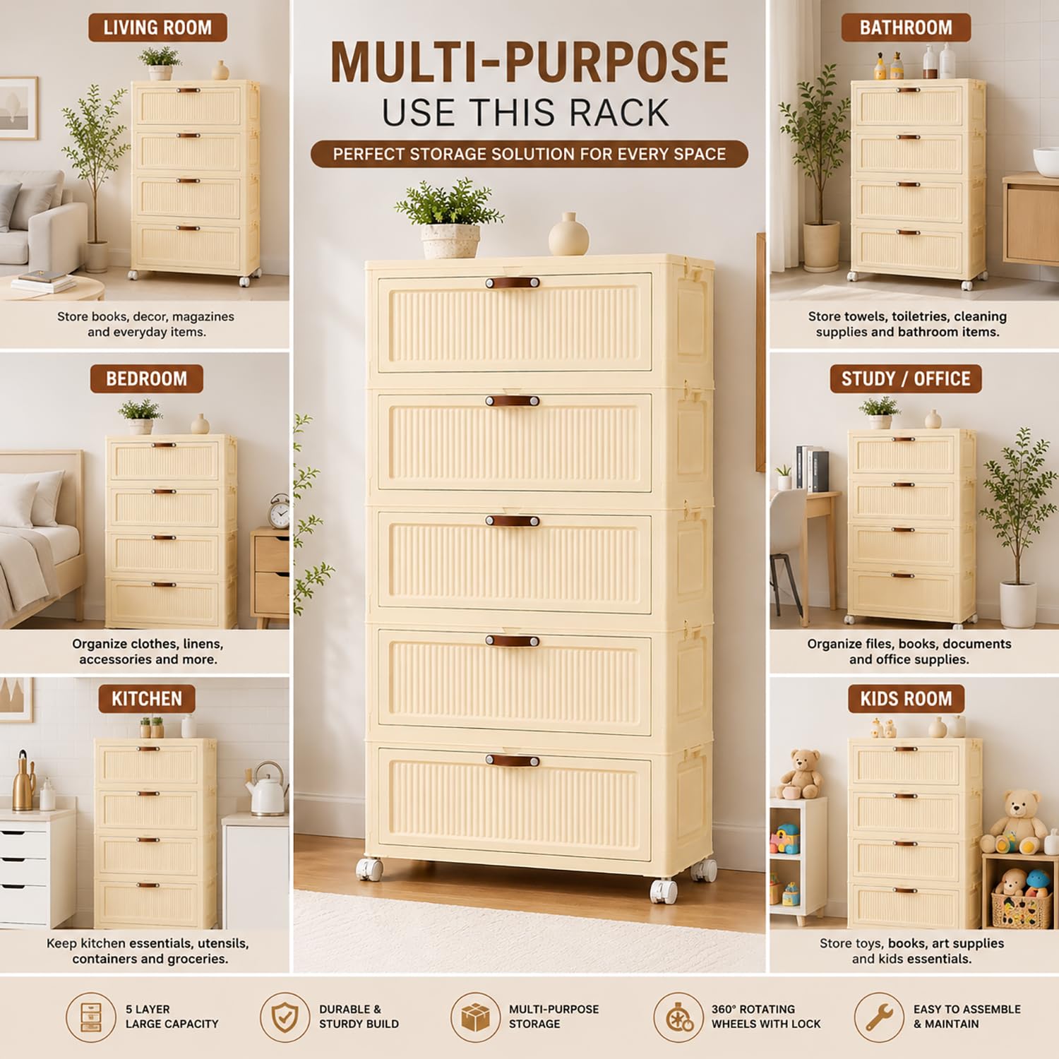 Slim Bathroom Storage Cabinet with Wheels & Drawers - White