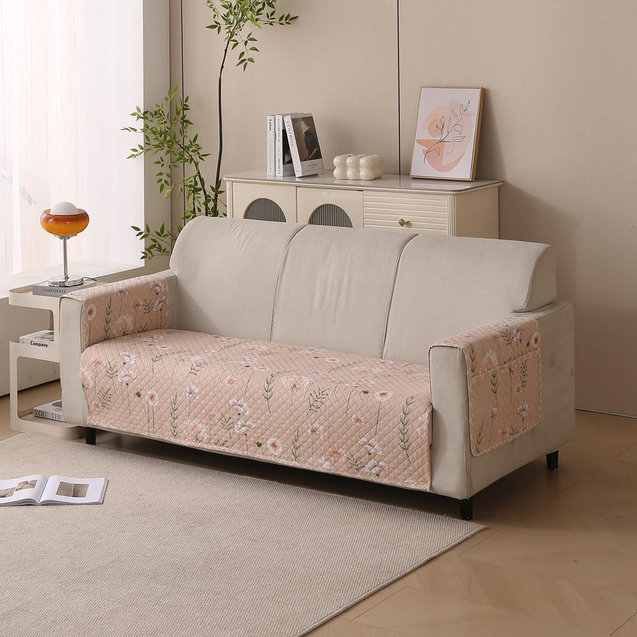 Reversible Printed Quilted Sofa Cover Mats for 1/2/3/4 Seater Sofa Cover- Beige Blush