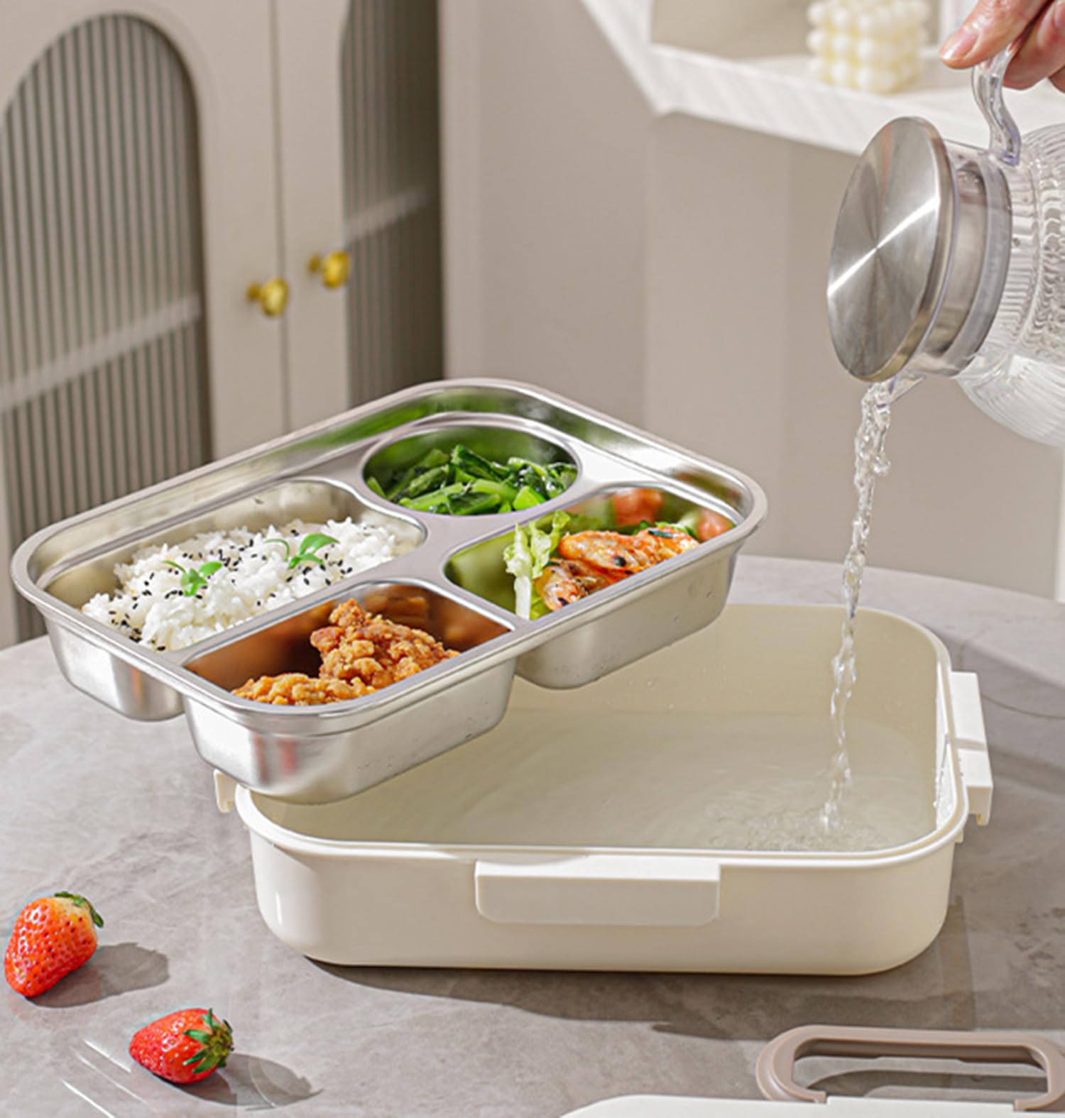 304 Stainless Steel Insulated Lunch Box with 4 Compartments (Beige)