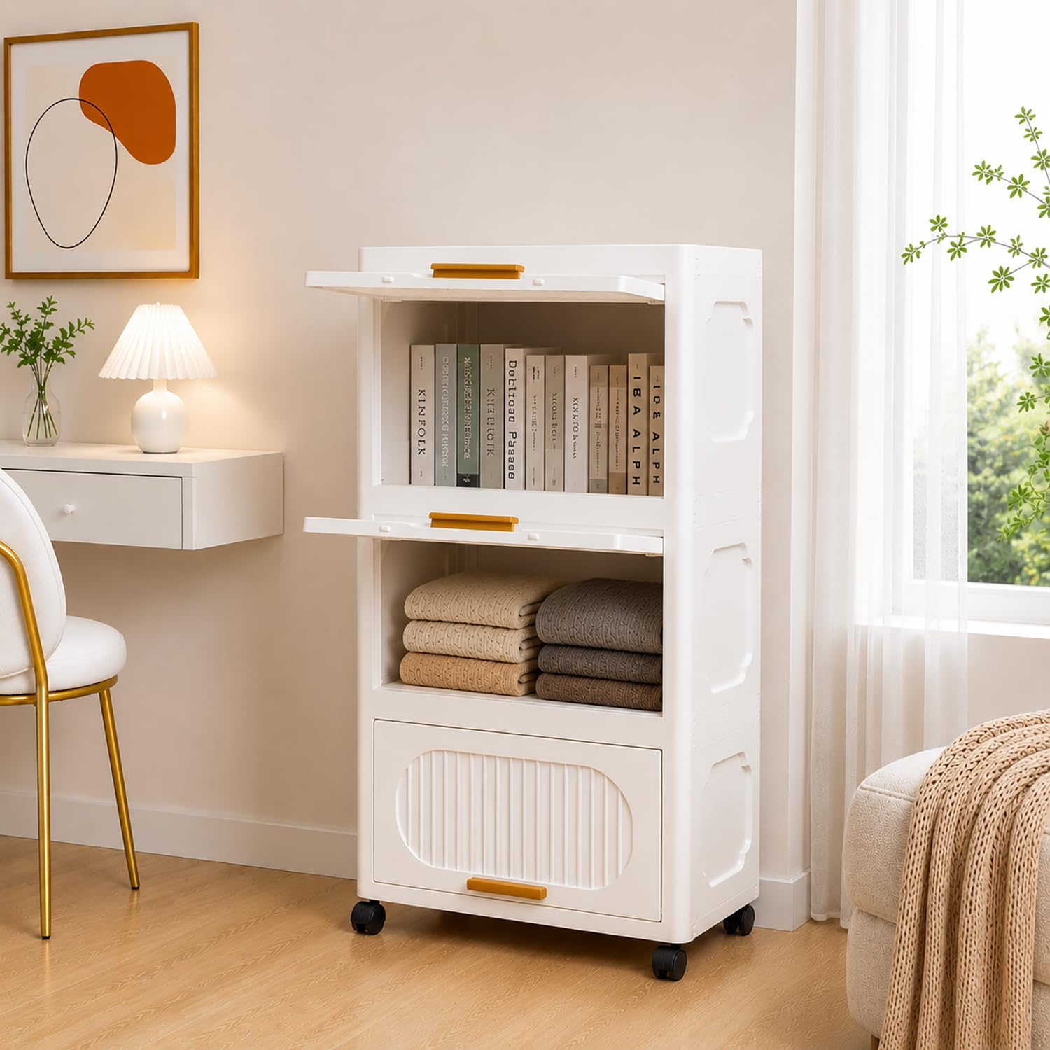 Stackable Collapsible Storage Boxes with Wheels and Doors – Versatile Plastic ( White 40 cm)