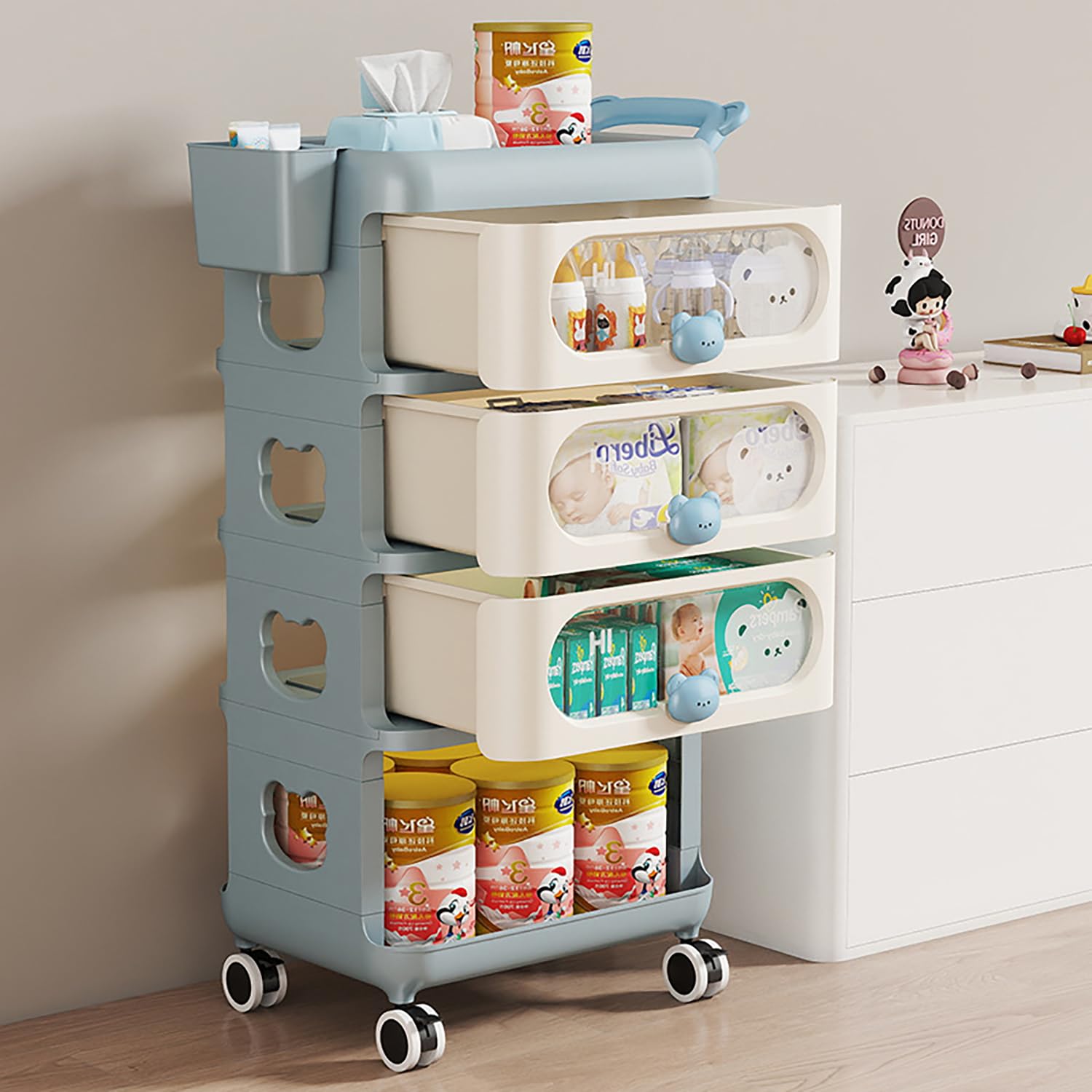 4-Tier Baby Dresser Storage Trolley Plastic Rolling Cart with Drawers