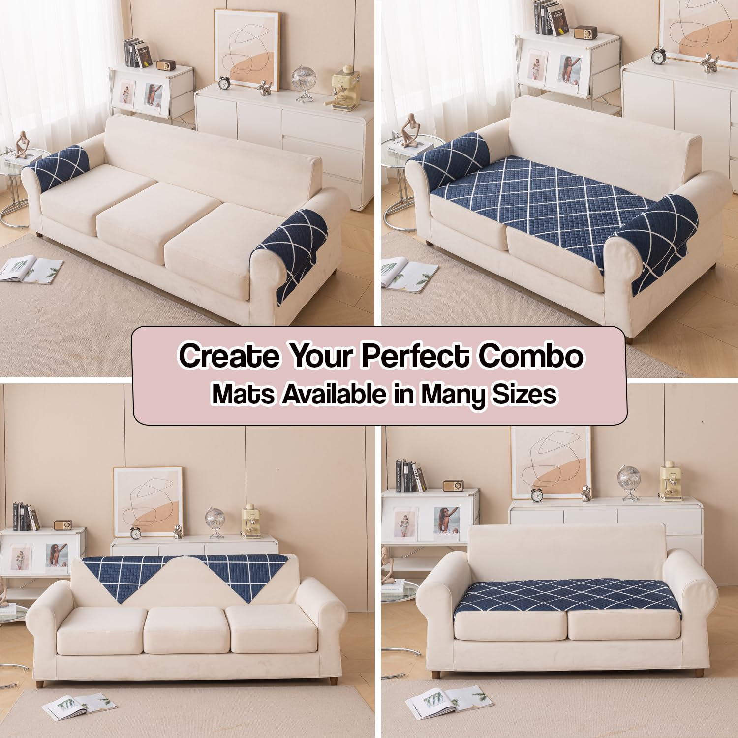 Printed Sofa Cover for Indian Sofa Set Quilted, Washable & Durable (Blue Diamond)