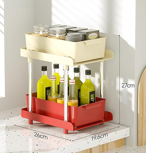 Under Sliding Cabinet Basket Organizer, 2 Layer Organizers (Red/Cream)
