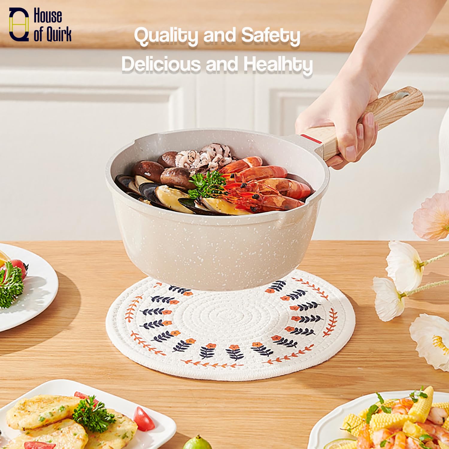 Maifan Stone Nonstick Sauce Pan with Glass Lid Wooden Handle (Granite Beige)