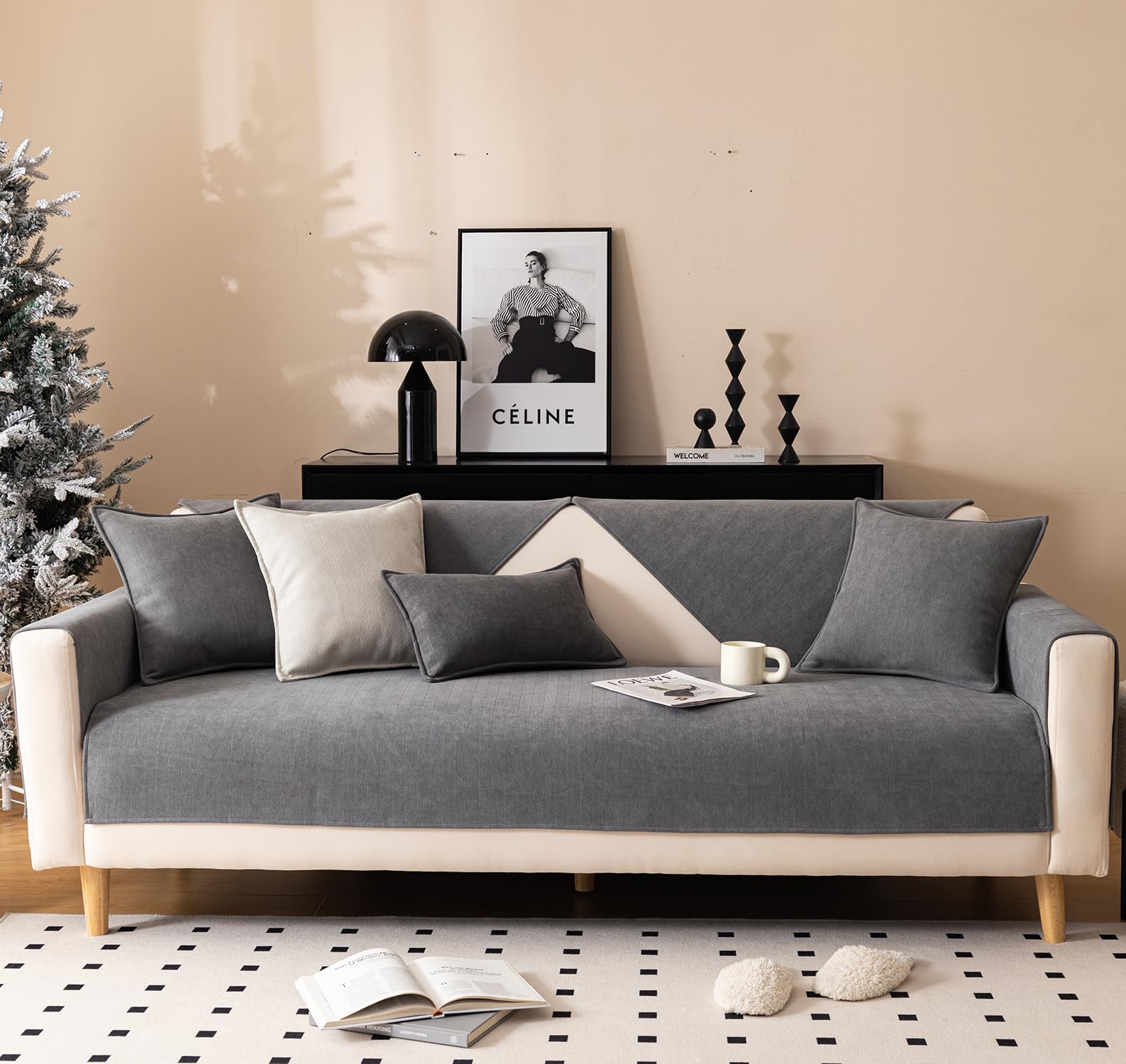 Sofa Covers Herringbone Chenille Fabric 1/2/3/4/5 Seater (GREY)