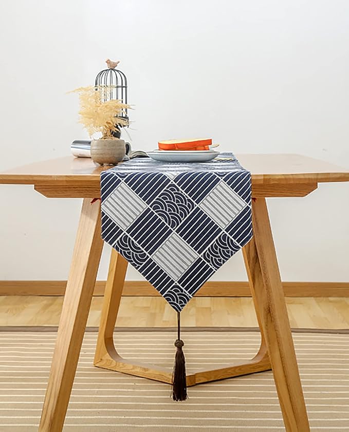 Table Runner, Linen Cotton Tassel Retro (1 Runner Blue Pattern)