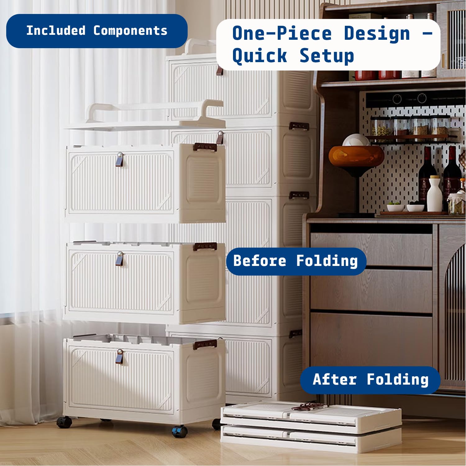 Foldable Storage Box Cart with Wheels & Handle (White)