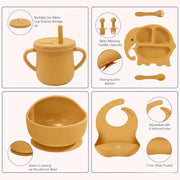 9-Piece Silicone Baby Feeding Set | Elephant Divided Plate, Bowl, Spoon, Fork & Bib