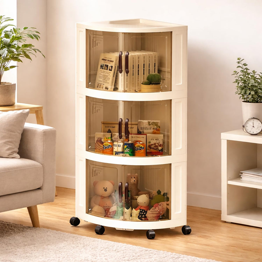 Foldable Triangular Storage Cabinet with Wheels (Cream)