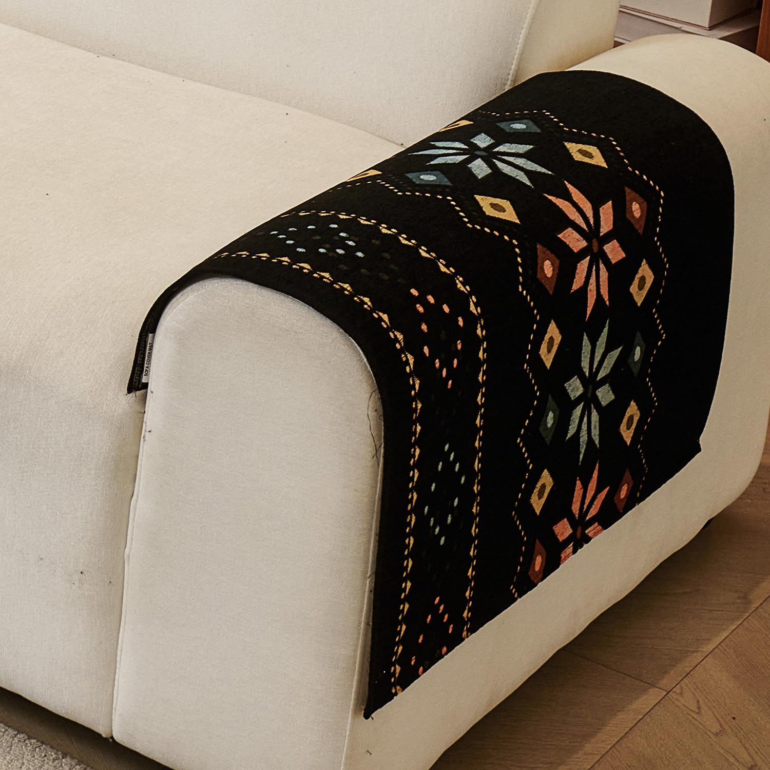 Rangoli Series Chenille Bohemia Couch Cover Quilted Non-Slip Washable Sofa Slipcover (Black)