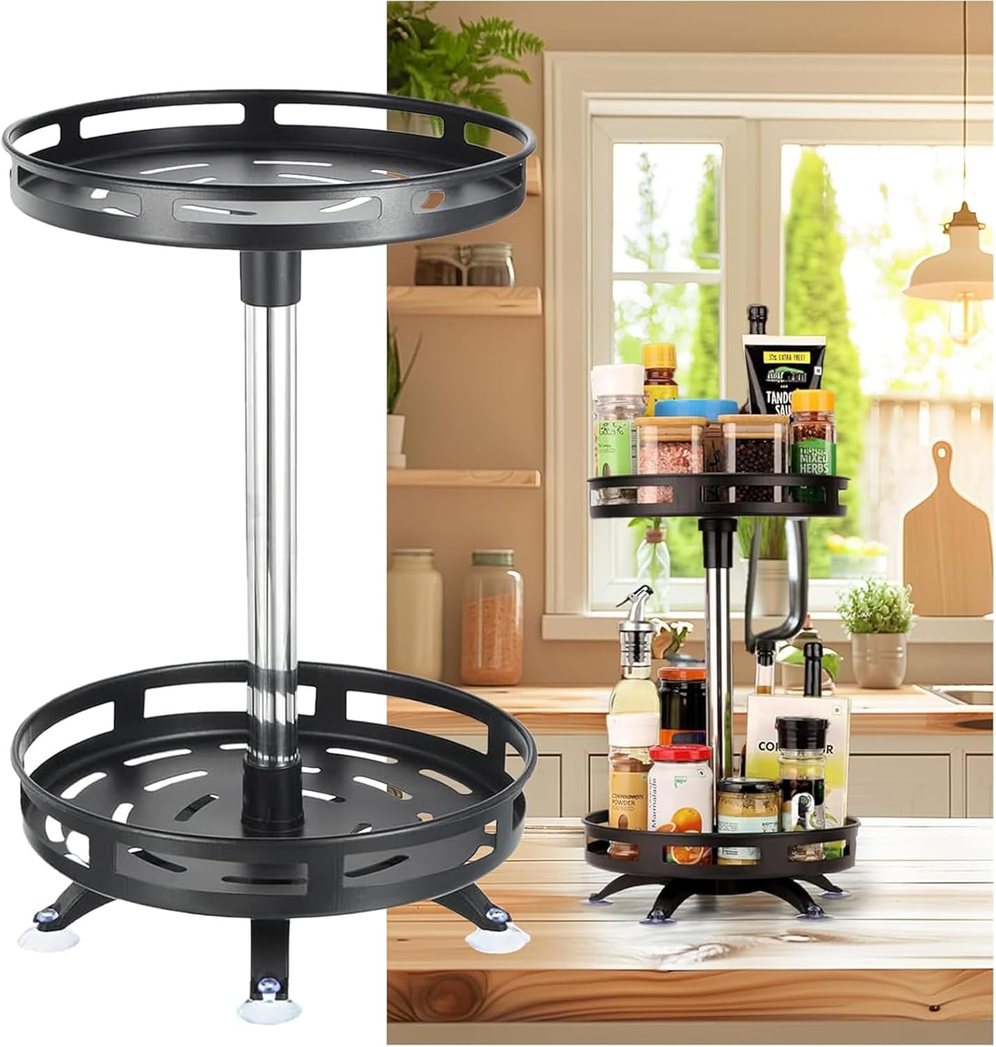 2-Tier Rotating Lazy Susan Organizer – Adjustable Metal Spice Rack for Kitchen & More