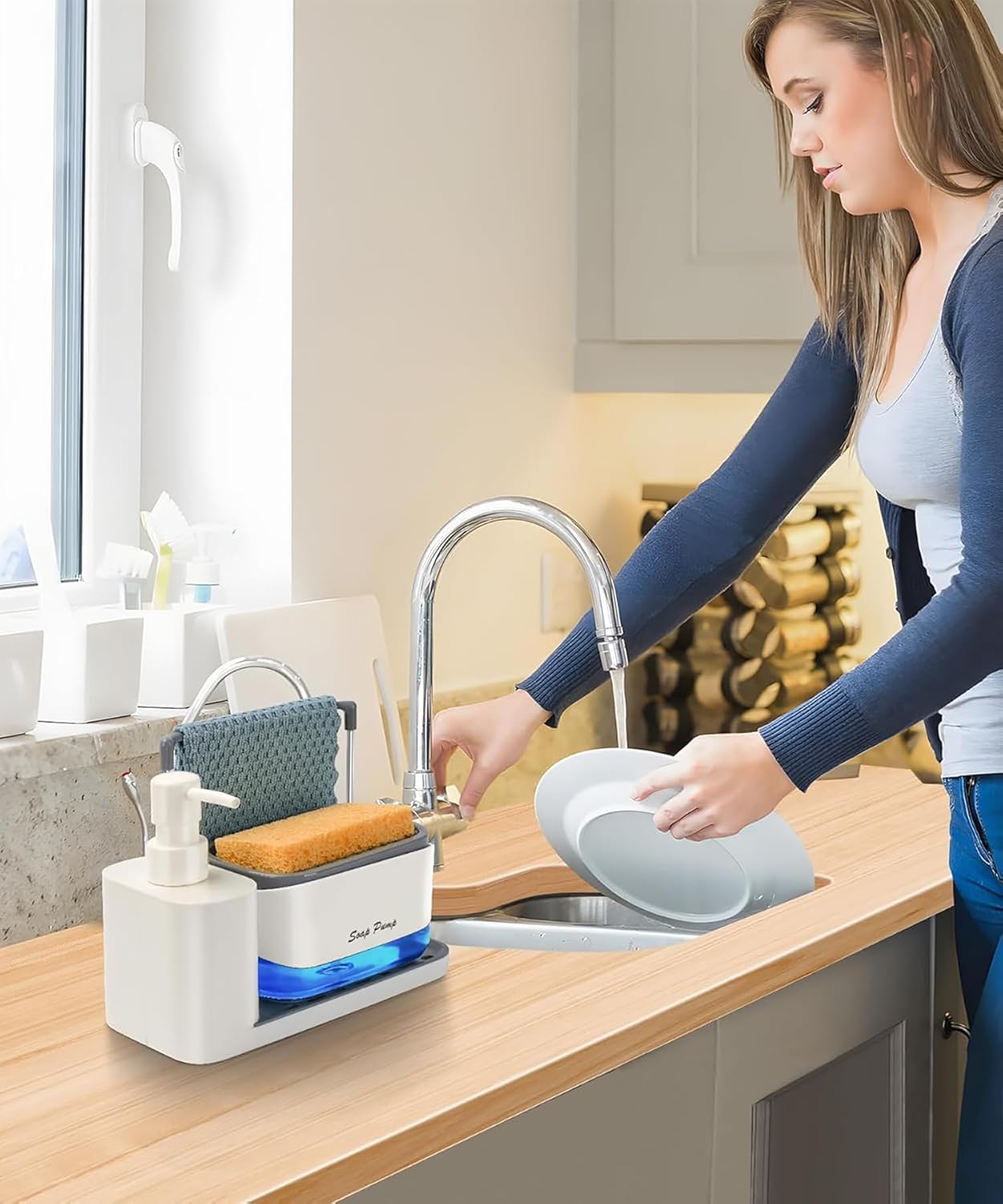 5-in-1 Kitchen Soap Dispenser Set with Sponge Holder & Tray – Sink Organizer for Dish & Hand Soap (White)