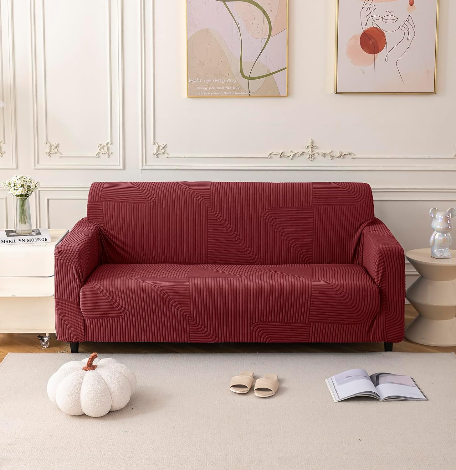 Universal Jacquard 3+2 Seater Thickened Fabric Sofa Cover (Maroon)