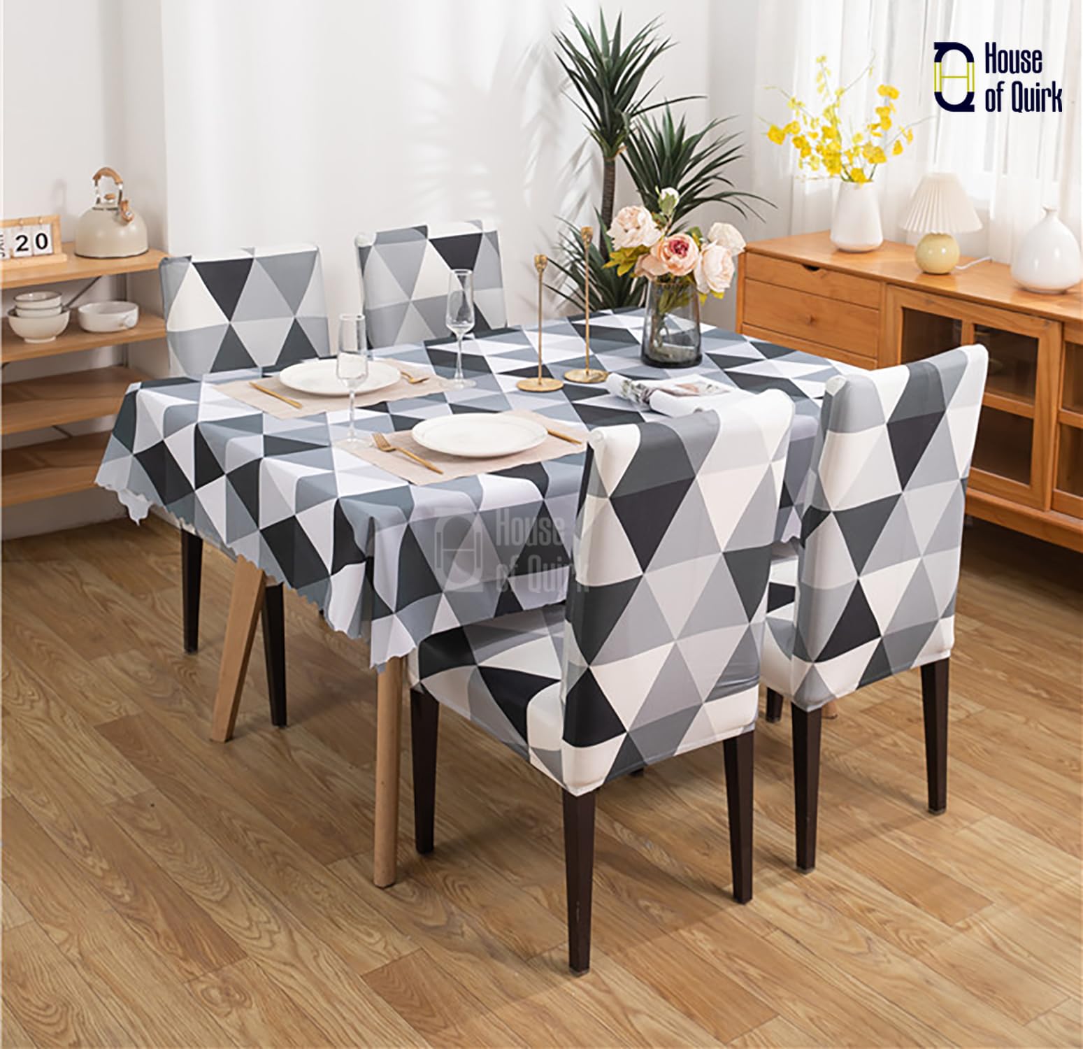 Dining Chair Cover With Table Covers (Black Triangle, 1 Table Cover + 6 Chair Cover)