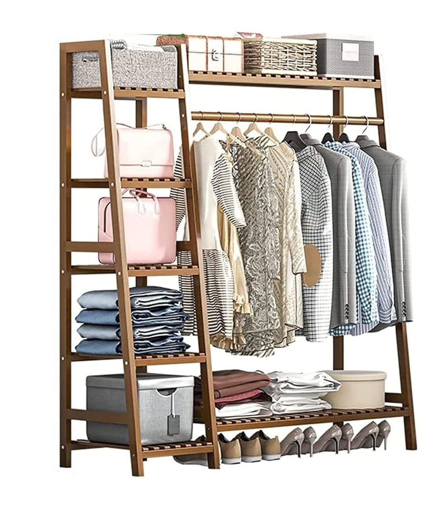 Bamboo Wood Garment Clothing Rack with 5 Tiers Storage Shelf- Tan