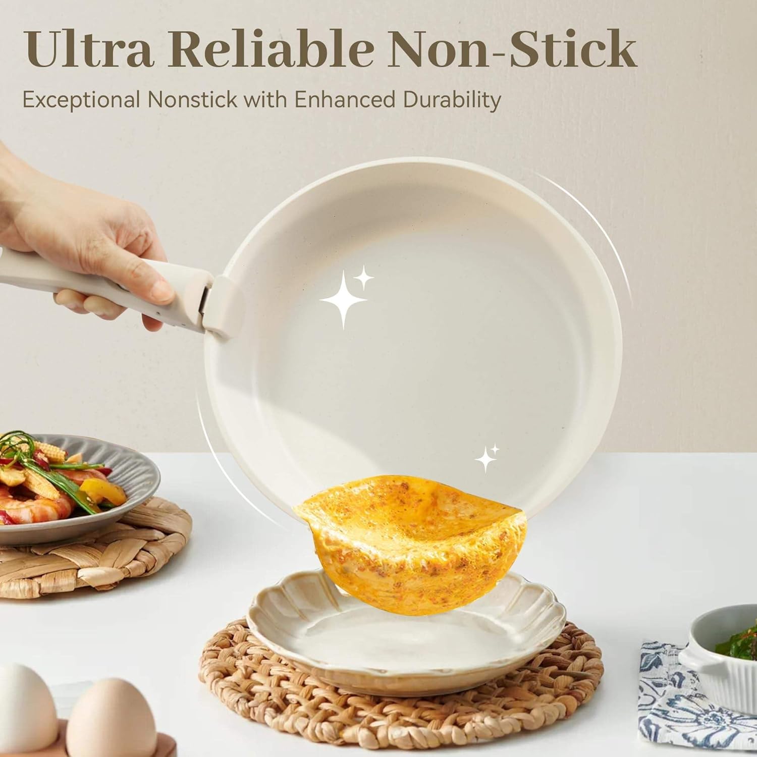 15-Piece Maifan Stone Nonstick Cookware Set with Detachable Handle Granite Beige