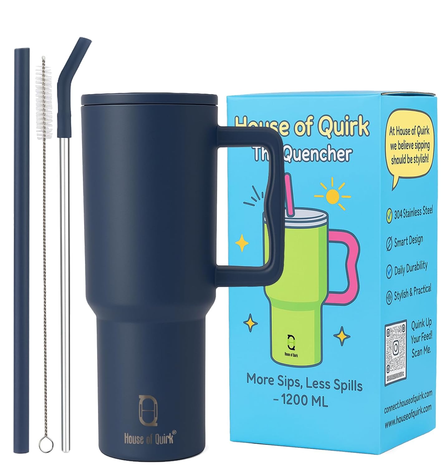 Stainless Steel Vacuum Insulated Tumbler with Straw and Lid & Handle - (1200 ML)