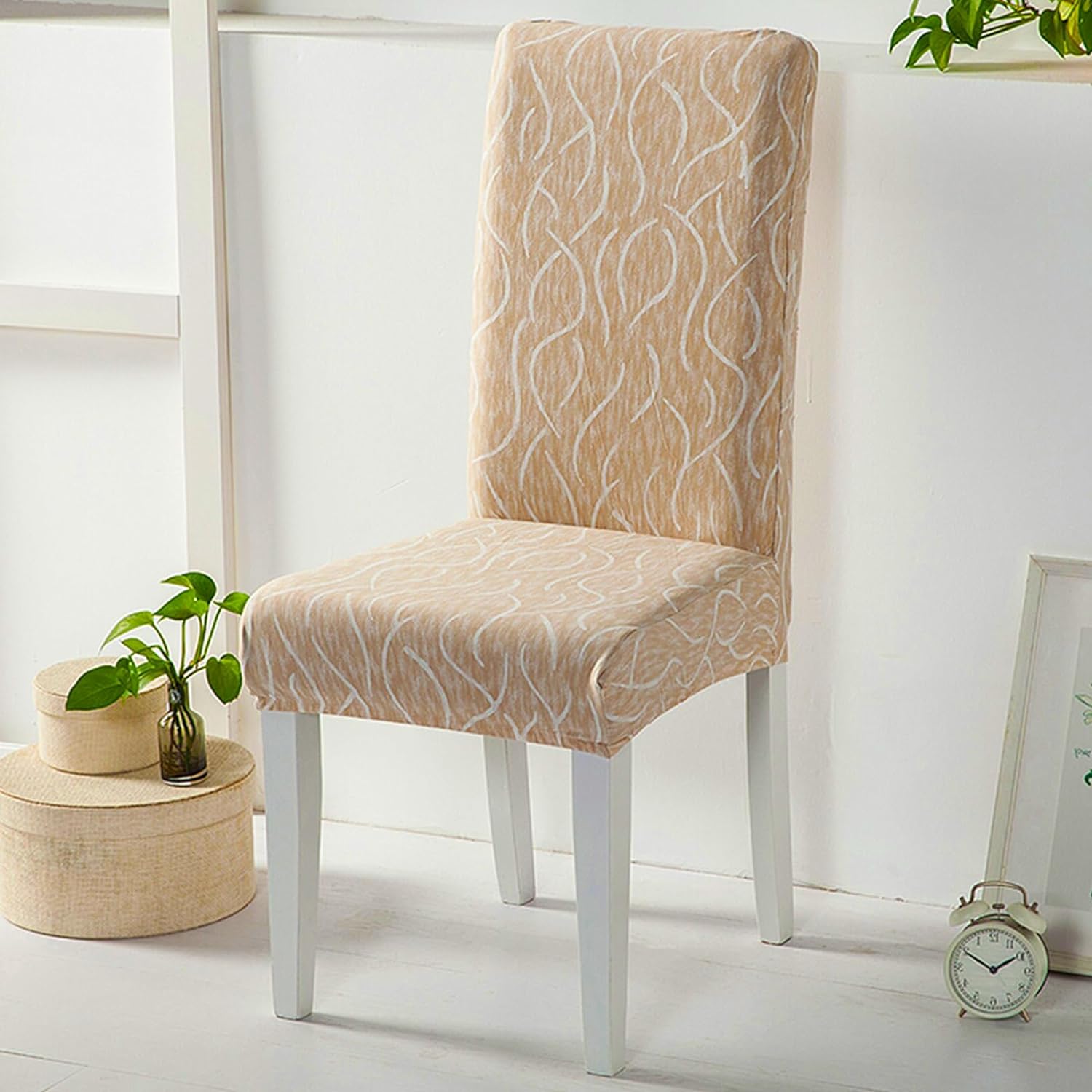 Elastic Chair Cover (Beige Wavy)
