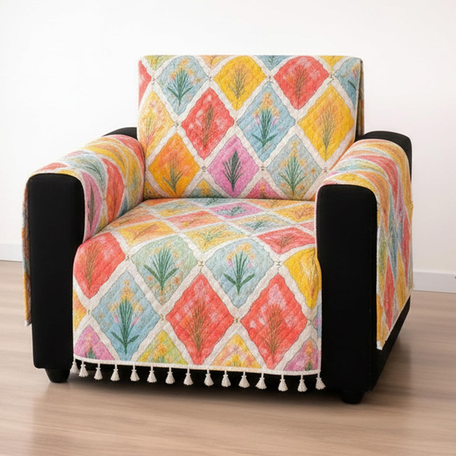 IKATRA Series Quilted Printed Sofa Cover for Indian Sofa Set with Side Pocket (Spring Blossom)