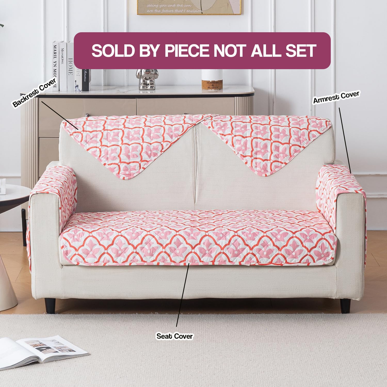 Printed Quilted Sofa Cover for 1/2/3/4 Seater Anti-Slip-Peach Blush