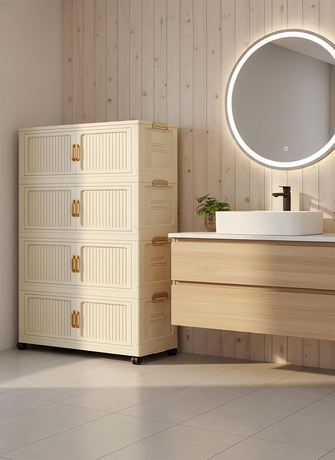 Foldable Storage Box Cabinet with Wheels Multi-Purpose Household Storage (Cream)