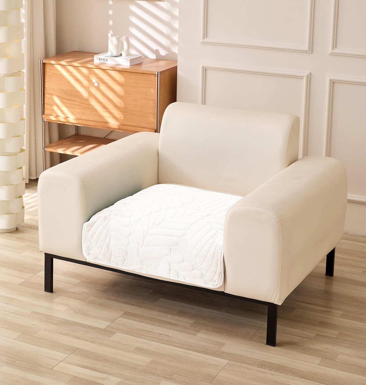 Sofa Cover Mat Leaf Coral Fleece Chenille Fabric Seater Sofa ( Cream)