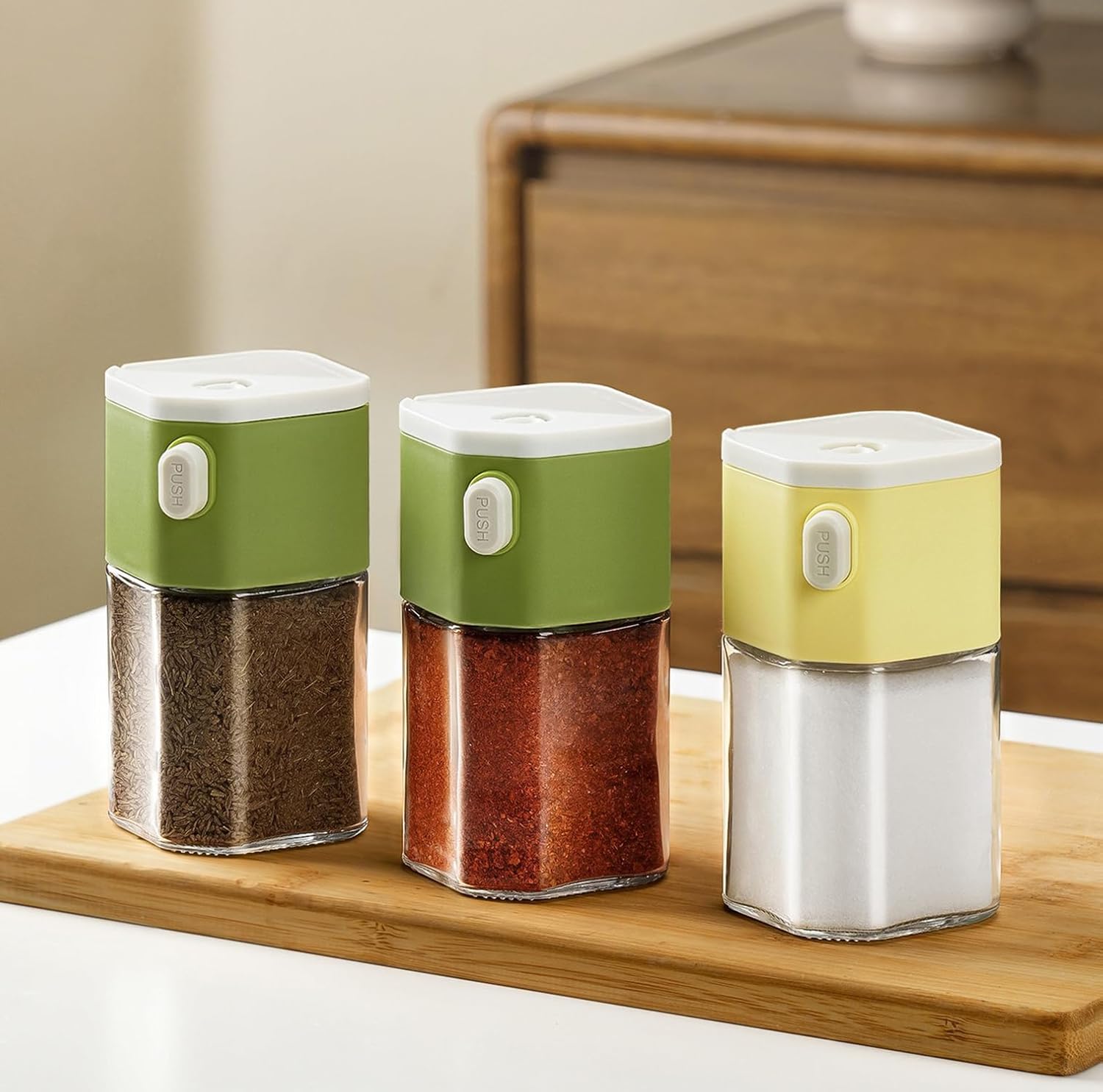 180ml Dual-Use Glass Seasoning Pot with Press Lid – One-Hand Salt & Pepper Shaker Jar