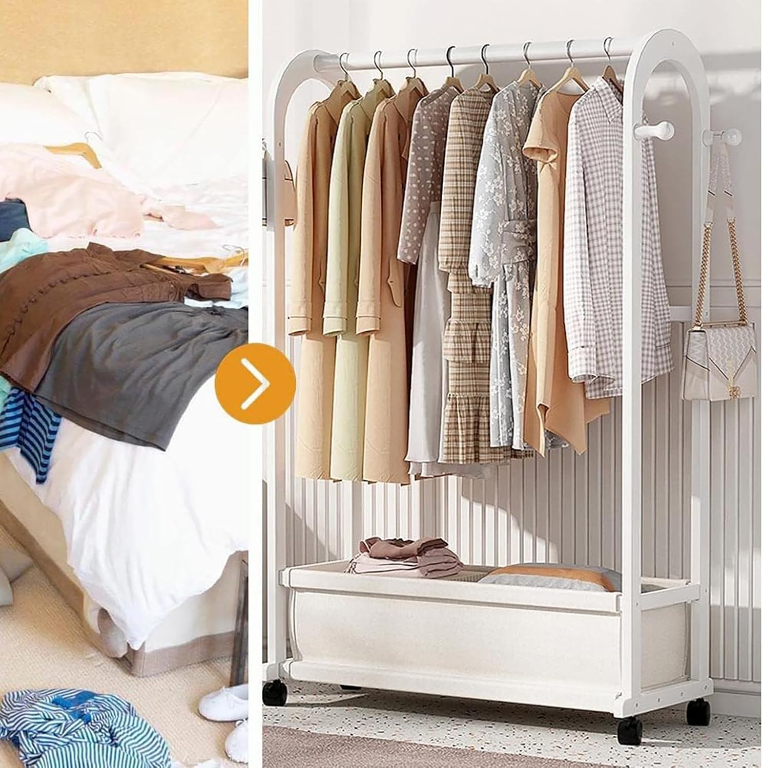 Portable Wooden Garment Rack Free-Standing Armoire (White, 100cm)