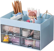 Desk Organiser with Drawer, Multifunctional 4 Plastic Compartments - Blue