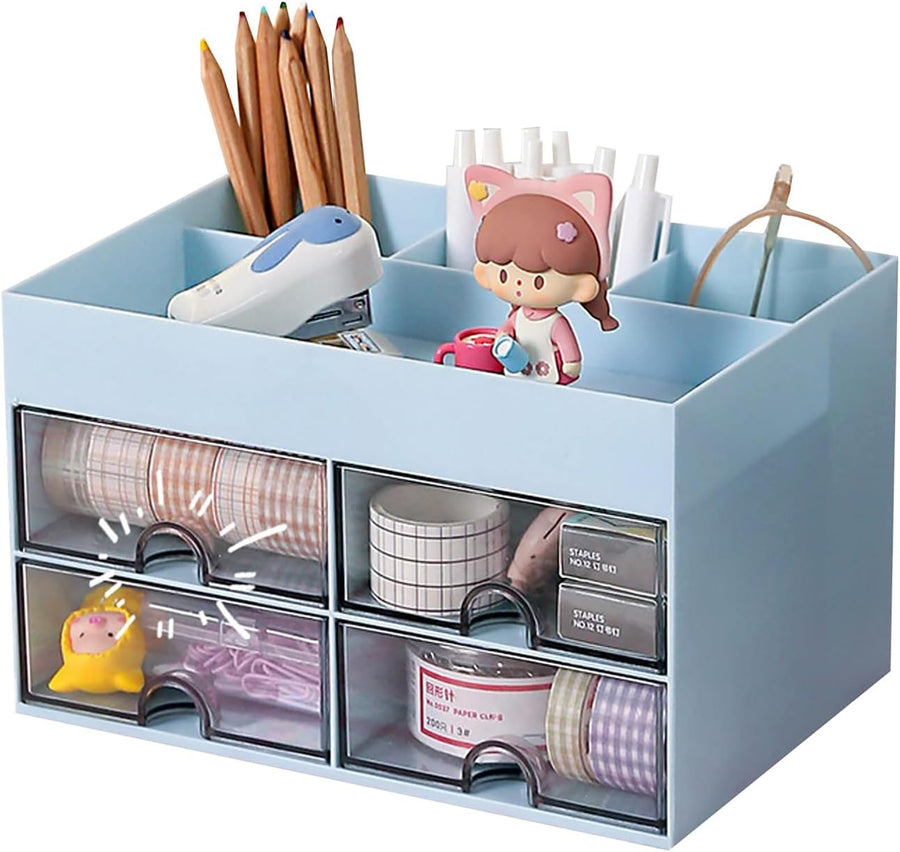 Desk Organiser with Drawer, Multifunctional 4 Plastic Compartments - Blue