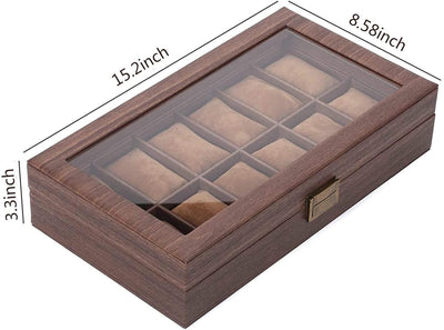 Wooden Look 12 Slot Watch Box Organizer Watch Case with Glass Top Antique Lock