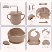 9-Piece Silicone Baby Feeding Set | Elephant Divided Plate, Bowl, Spoon, Fork & Bib